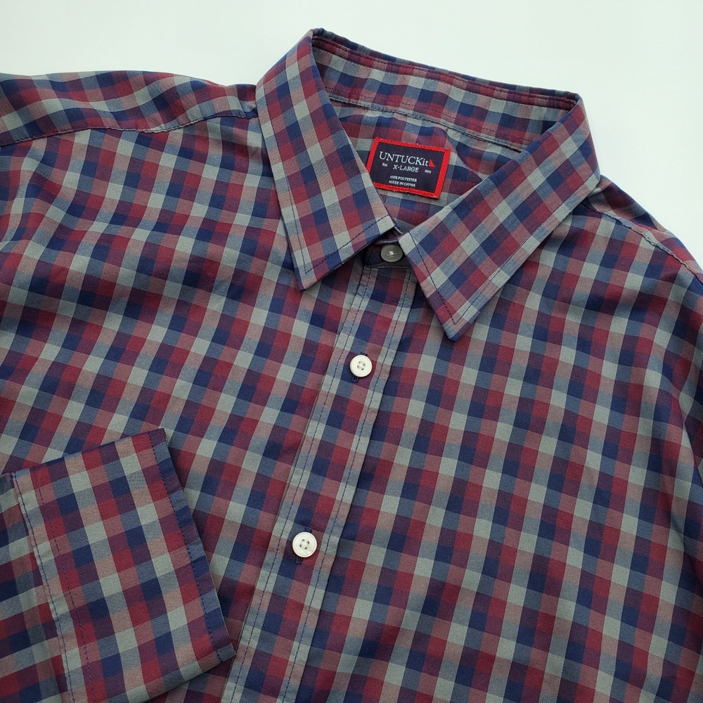 UNTUCKit Mens XL Red Blue Grey Gingham Check Long Sleeve Performance Shirt